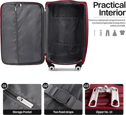 2-Piece Set Front Opening,Softside Luggage Sets w/Double Spinner Wheels Expandable Luggage,Lightweight Travel Luggage Rolling Suitcase w/LOCK（Burgundy-Grey,20in/28in）
