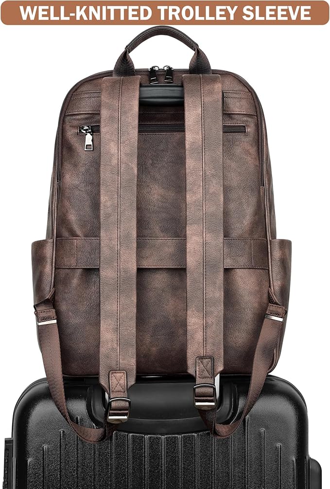 MASINTOR 15.6 inch Leather Laptop Backpack Purse for Women, Designer Travel and Work Bag with Laptop Compartment Retro Coffee
