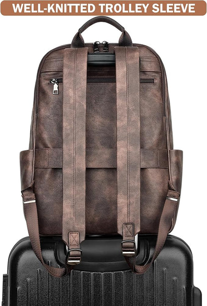 MASINTOR 15.6 inch Leather Laptop Backpack Purse for Women, Designer Travel and Work Bag with Laptop Compartment Retro Coffee