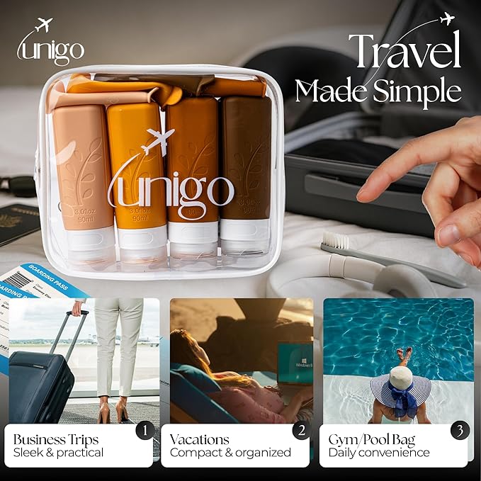 unigo Travel Bottles For Toiletries, 4 pack TSA Approved Containers, Travel Size Toiletries, Shampoo and Conditioner Bottles, Leak Proof and Refillable Bottles, BPA Free, Extra Bottle Covers (Apricot)