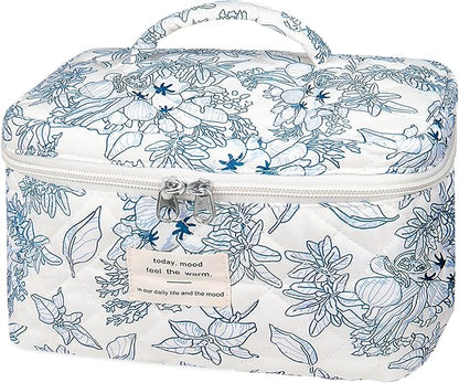 Large Makeup Bag, Cute Cosmetic Bag for Women Girls, Floral Coquette Aesthetic Toiletry Bag, Travel Make Up Organizer Bag (Navy Blue)