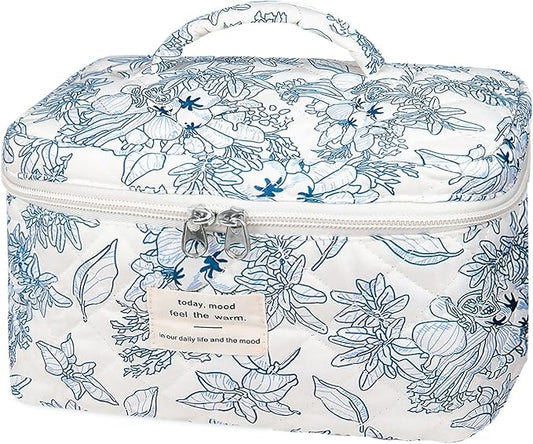 Large Makeup Bag, Cute Cosmetic Bag for Women Girls, Floral Coquette Aesthetic Toiletry Bag, Travel Make Up Organizer Bag (Navy Blue)