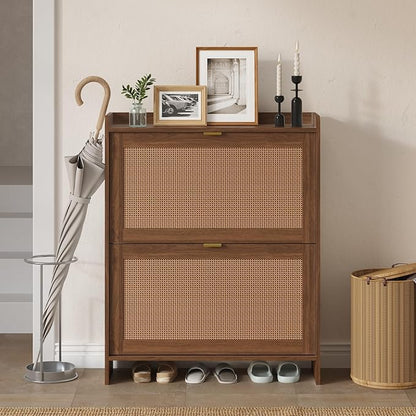 EROMMY Shoe Storage Cabinet, Farmhouse Ratten Shoe Cabinet, Modern Freestanding Organizer with 2 Flip Drawers, Hallway, Narrow Shoe Rack Cabinet for Entryway, Slim Shoe Cabinet, Walnut