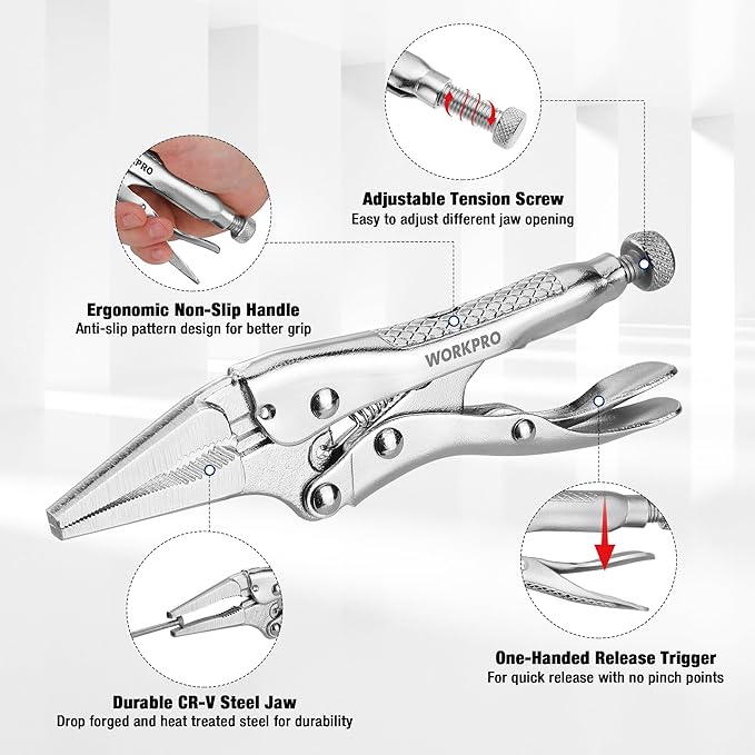 WORKPRO 4-1/2 inch Mini Long Nose Locking Pliers, Chromium-Vanadium Steel Locking Pliers, Locking Adjustable Vise Grips for Clamping Twisting Welding