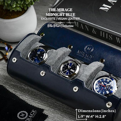 Watch Case Travel Organizer - Watch Roll Case - 3 Watch Case Display Storage - Watches Accessory Gift - Midnight Blue Vegan Leather