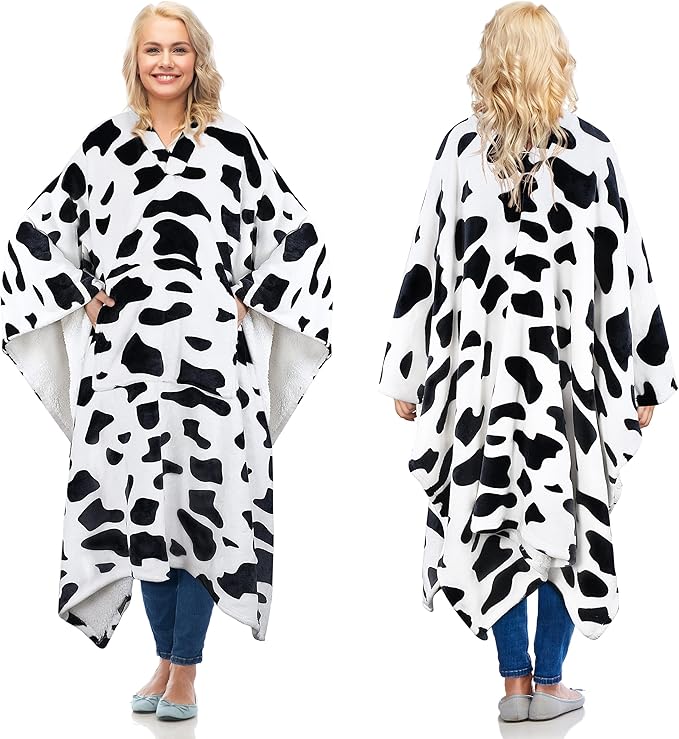 Catalonia Cow Print Sherpa Wearable Blanket Poncho for Adult Women Men, Wrap Blanket Cape with Pocket, Warm, Soft, Cozy, Snuggly, Comfort Gift