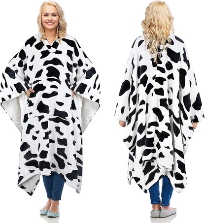 Catalonia Cow Print Sherpa Wearable Blanket Poncho for Adult Women Men, Wrap Blanket Cape with Pocket, Warm, Soft, Cozy, Snuggly, Comfort Gift