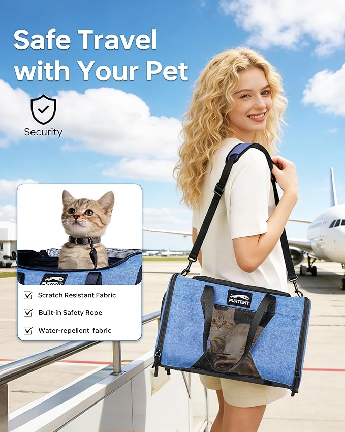 Pet Carrier with Removable Wheels American Airline Approved, Rolling Cat Carrier with Telescopic Handle and Shoulder Strap, Breathable Soft-Sided Carrier with Locking Zipper for Small Cats Dogs(Blue)