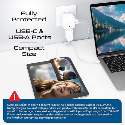 Ceptics European Plug Travel Adapter Set, 20W PD & QC, Safe Dual USB & USB-C - 2 USA Socket - Compact - Use in Germany, France, Italy, UK - Includes Type E/F, Type C, Type G SWadAPt Attachments