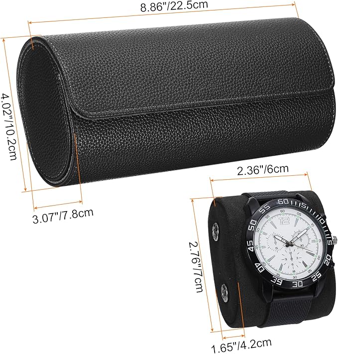 HARFINGTON Watch Roll Travel Case 3 Slot Portable Leather Watch Case for Men and Women, Watches Storage Organizer with Removable Pillow for Traveling, Display, Textured Black