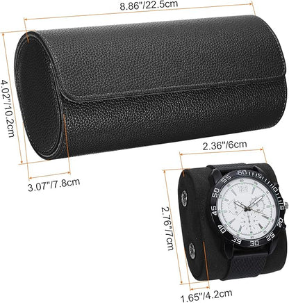 HARFINGTON Watch Roll Travel Case 3 Slot Portable Leather Watch Case for Men and Women, Watches Storage Organizer with Removable Pillow for Traveling, Display, Textured Black