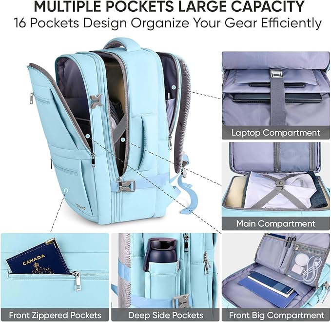 BALEINE Travel Backpack for Women Men, Large Sturdy Carry On Laptop Backpack Gifts for Business, Casual, Weekender, Hiking (XL, Light Blue)