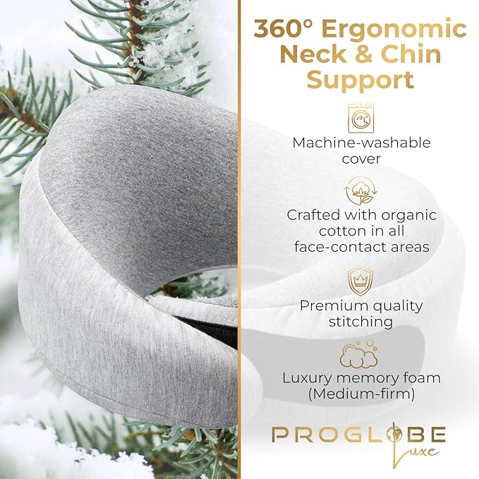 Proglobe Light Gray Memory Foam Travel Neck Pillow for Airplanes, Compact Plane Cushion for Long Flights with Soft Chin Support and Compression Bag, Comfortable Lightweight Air Travel Accessory
