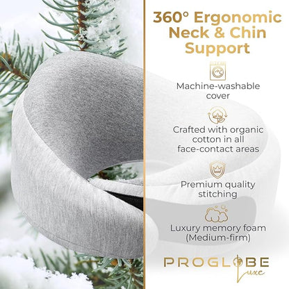 Proglobe Light Gray Memory Foam Travel Neck Pillow for Airplanes, Compact Plane Cushion for Long Flights with Soft Chin Support and Compression Bag, Comfortable Lightweight Air Travel Accessory
