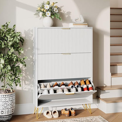 Shoe Storage Cabinet with 3 Flip Drawers, 31.5" W Fluted Shoe Cabinet for Entryway, Hidden Shoe Cabinet Storage, Narrow Free Standing Shoe Orgnaizer Rack Cabinet for Foyer Hallway, White