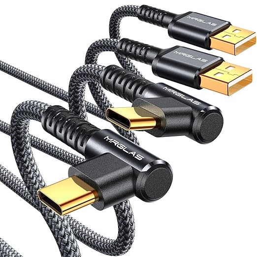 MRGLAS 3.2A USB C Charger Cable, [2-Pack,6.6FT] USB A to USB C Right Angle Cable Gold-Plated Type C Charger Fast Charging Durable Braided Cord for iPhone 17 16 15 Samsung S10 S9 Note 10 S21 LG-Black