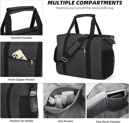 Travel Duffel Bag for Women Men,Sports Tote Gym Bag With Wet Pocke,Foldable Carry on Luggage Bag,Black