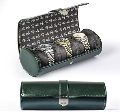 DUKWIN Watch Roll for 3 Watches,Vegan Leather Travel Watch Case Organizer with Removable Pillows for Men and Women,Display Case for Watches Collection & Gift for Anniversary Birthday(Green Storag Box)