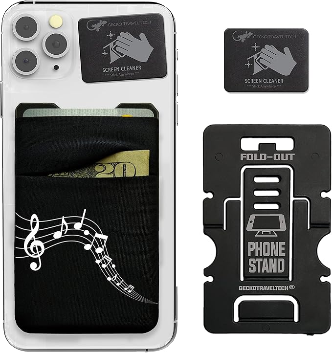 Gecko Travel Tech Double Pocket - Adhesive Card Holder - Cell Phone Pouch - Stick on Spandex Pocket - Carry Credit Cards and Cash - MUSIC