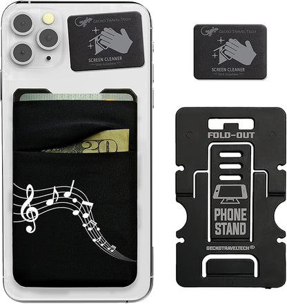 Gecko Travel Tech Double Pocket - Adhesive Card Holder - Cell Phone Pouch - Stick on Spandex Pocket - Carry Credit Cards and Cash - MUSIC