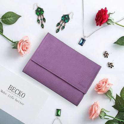 Becko US Jewelry Organizer Roll Travel Jewel Bag case for Multiple Necklaces, Rings, Bracelets, Supple Leather & Suede, Large Capacity Without Crease, Lightweight, Portable & Practical (Purple)