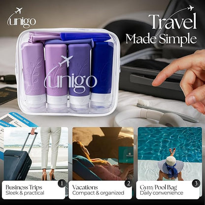 unigo Travel Bottles For Toiletries, 4-pack TSA Approved Containers, Travel Size Toiletries, Shampoo and Conditioner Bottles, Leak Proof and Refillable Bottles, BPA Free, Extra Bottle Covers (Purple)