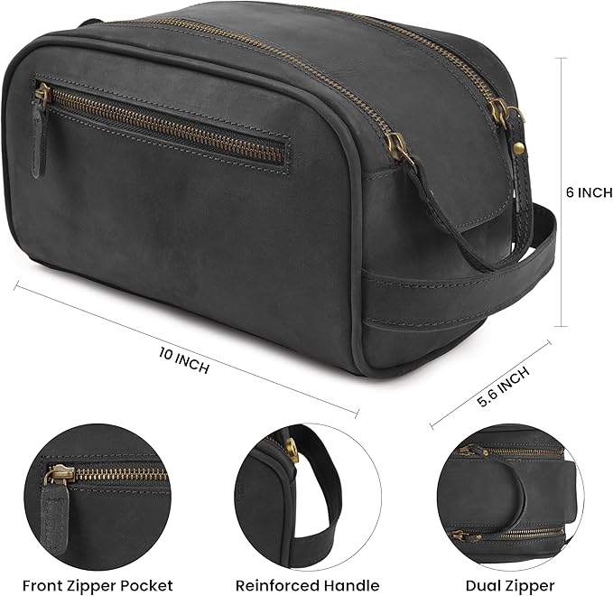 mds Genuine Leather Toiletry Bag for Men - Unisex Rustic Classic Vintage Handcrafted Full-Grain Leather Travel Dopp Kit with Waterproof Lining & Handle, Shaving & Grooming Kit Organizer Pouch - Black