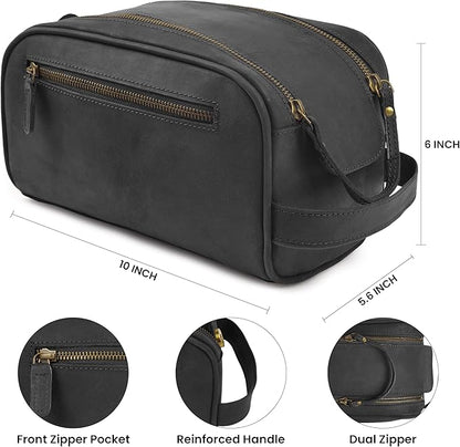 mds Genuine Leather Toiletry Bag for Men - Unisex Rustic Classic Vintage Handcrafted Full-Grain Leather Travel Dopp Kit with Waterproof Lining & Handle, Shaving & Grooming Kit Organizer Pouch - Black
