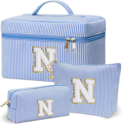 Personalized Monogram Makeup Bag, 3PCS Custom Monogrammed Toiletry Cosmetic Bag for 6-18 Teen Girls Women,Birthday Graduation Gifts Initial Pouch Makeup Bags for Women Girls, Make Up Bag (N, Blue)
