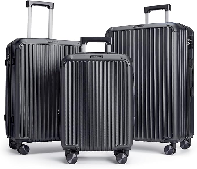 LIGHT FLIGHT Luggage Sets, Durable Hard Shell 3 Piece Set Suitcase with Spinner Wheels, Hardside Lightweight Luggage set with TSA Lock, Large Travel Luggage Set (20" 24" 28"), Black