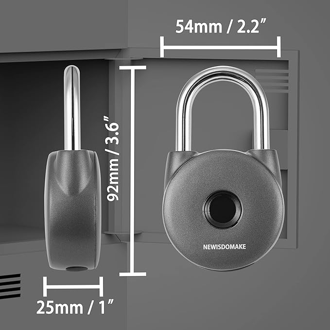 Fingerprint Padlock, Smart Lock with Key Backup, Waterproof for Gym, Luggage, Bookcase, Suitcase, Backpack, Bike, School Locker (Gray)