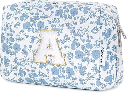 Narwey Christmas Gifts for Teen Girls Kids Women Personalized Initial Floral Makeup Bag Cute Cosmetic Trendy Stuff 6 8 10 11 12 13 14 16 18 Years Old Travel Toiletry Bag (Little Blue Flower A)