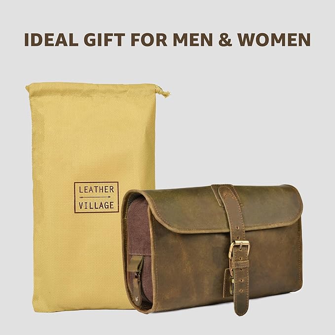 LEATHER VILLAGE Hanging Leather Toiletry Bag for Men – Handcrafted Vintage Premium Travel Dopp Kit with Waterproof Lining, Shaving Organizer and Shower Bathroom Essentials Case - Mud