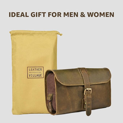 LEATHER VILLAGE Hanging Leather Toiletry Bag for Men – Handcrafted Vintage Premium Travel Dopp Kit with Waterproof Lining, Shaving Organizer and Shower Bathroom Essentials Case - Mud