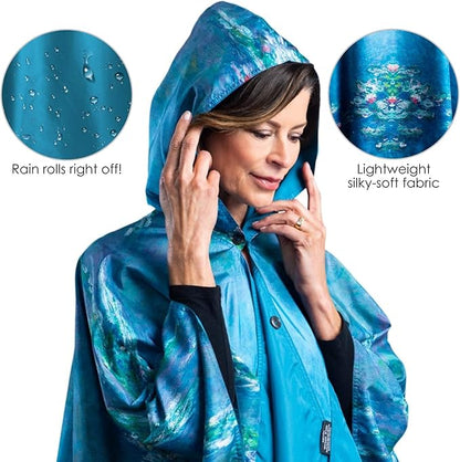 RainCaper Monet Water Lilies Womens Rain Cape Poncho with Hood Reversible