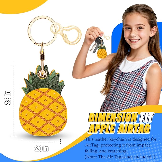 Leather Keychain for Airtag, Cute Protective Keychain Holder Compatible with Apple Air Tag,GPS Item Tracker Case Cover for Keys,Bags,Pets,Luggage(Pineapple)