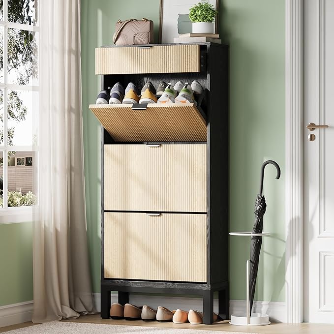 GAOMON Shoe Cabinet with 3 Flip Drawers, Entryway Cabinet with Adjustable Shelves, Accommodate 12 to 18 Pair of Shoes, Space-Saving Slim Shoe Cabinet for Entryway, Hallway, Front Door, Black Oak