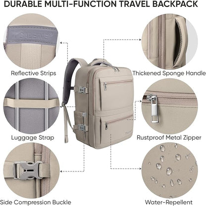 BALEINE Travel Backpack for Women Men, Large Sturdy Carry On Laptop Backpack Gifts for Business, Casual, Weekender, Hiking (Large, Khaki)