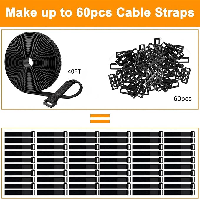 40Ft x 1" Adjustable Cable Straps with 60 Buckles, Hook and Loop Straps, Reusable Nylon Cable Ties for Cord Organiser, Organizer, Cable Tidy, Free Cut Length, Black