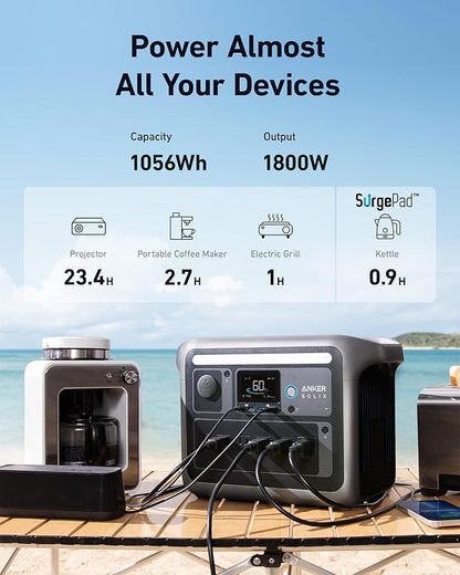 Anker SOLIX C1000 Portable Power Station with 100W Solar Panel, 1800W Solar Generator, 1056wh LFP (LiFePO4) Battery, 6 AC Outlets, Up to 2400W for Home, Power Outages, and Outdoor Camping
