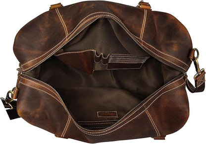 KomalC Leather Duffle Bags for Men and Women Travel Overnight Weekend sports bag holdall Gym Duffel for Men (Dark Tan, 20 Inch)