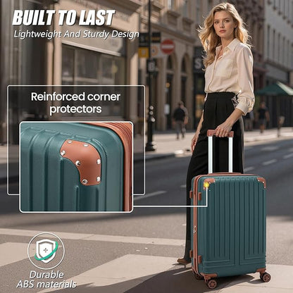 KUNEL Expandable 5 Piece Luggage Sets with Detachable Spinner Wheels and TSA Lock, Unisex Hardside ABS Suitcase Set, Hardshell Lightweight Waterproof Travel Hard Case Suitcases with Wheels, DarkGreen