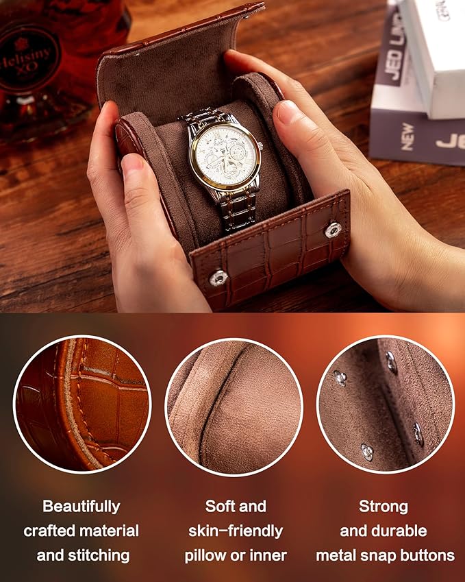MR.OKAY Single Watch Travel Case-Classic Leather Watch Case With Superb Texture.(Portable Watch Roll Or Organizer For Storage And Display).Festival Gift For Men, All Handcrafted By Artisans.
