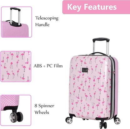 Betsey Johnson Designer 20 Inch Carry On - Expandable (ABS + PC) Hardside Luggage - Lightweight Durable Suitcase With 8-Rolling Spinner Wheels for Women (20in, Flamingo Strut)