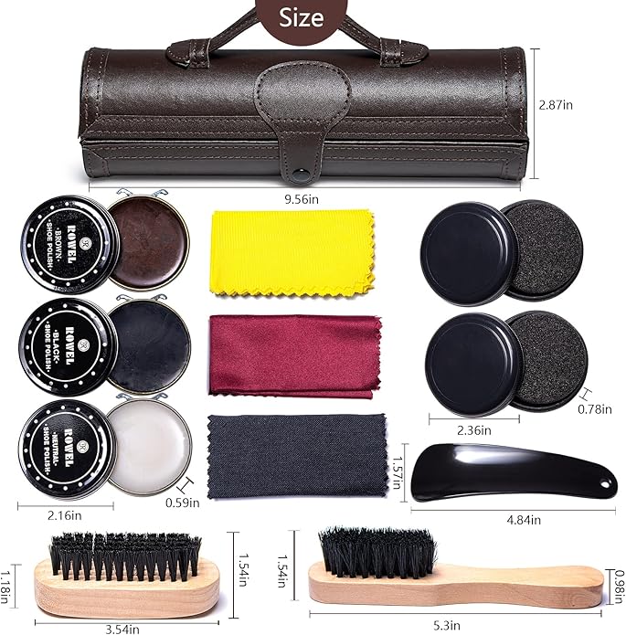 YUET 12PC Shoe Shine Kit Leather Boot Polish Kit w/Brushes and Brown, Black, Neutral Polish for Shoe Care and Cleaning