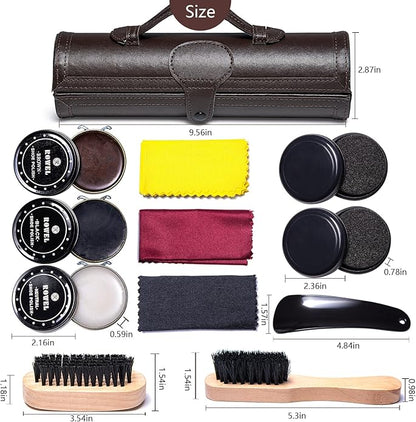 YUET 12PC Shoe Shine Kit Leather Boot Polish Kit w/Brushes and Brown, Black, Neutral Polish for Shoe Care and Cleaning
