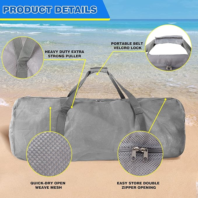 Grey Heavy-Duty Large Mesh Sports Duffle Bag, Dry Bag, Diving Equipment Scuba Bag with Zipper. Great for Gym Workout, Sport Balls Storage, Scuba Gear, Snorkeling, Water Sports and Travel