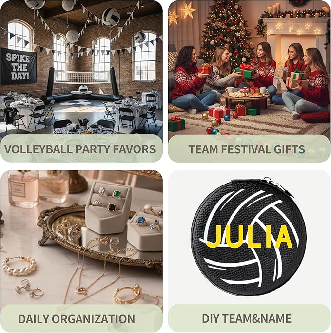 12 Pack Black Volleyball Mini Travel Jewelry Case Portable Round Volleyball Stuff Jewelry Organizer Storage Case for Christmas Sports Team Club Birthday Goodie Favors Gifts