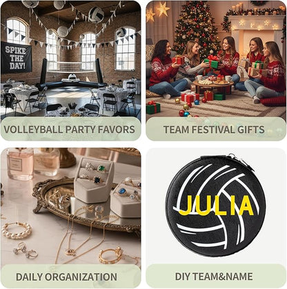 12 Pack Black Volleyball Mini Travel Jewelry Case Portable Round Volleyball Stuff Jewelry Organizer Storage Case for Christmas Sports Team Club Birthday Goodie Favors Gifts