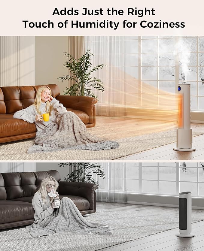 Space Heater with Humidifier - Portable Tower Heaters for Indoor Use, Remote, Adjustable Thermostat, 3 Heat Modes, Multiple Safety Protection, 12H Timer, Quiet Electric Heater for Bedroom